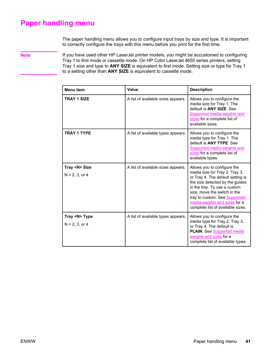 Paper handling menu, For more information | HP Color LaserJet 4650 Printer series User Manual | Page 55 / 276