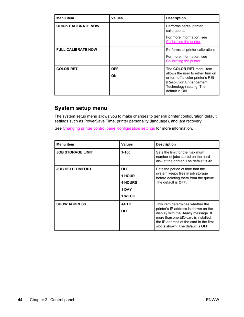 System setup menu | HP Color LaserJet 4650 Printer series User Manual | Page 58 / 276