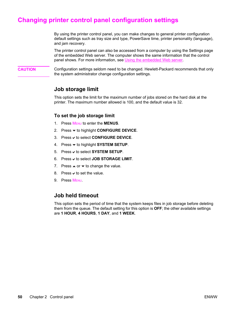 Job storage limit, Job held timeout, Job storage limit job held timeout | Changing printer control panel, Configuration settings, For more | HP Color LaserJet 4650 Printer series User Manual | Page 64 / 276