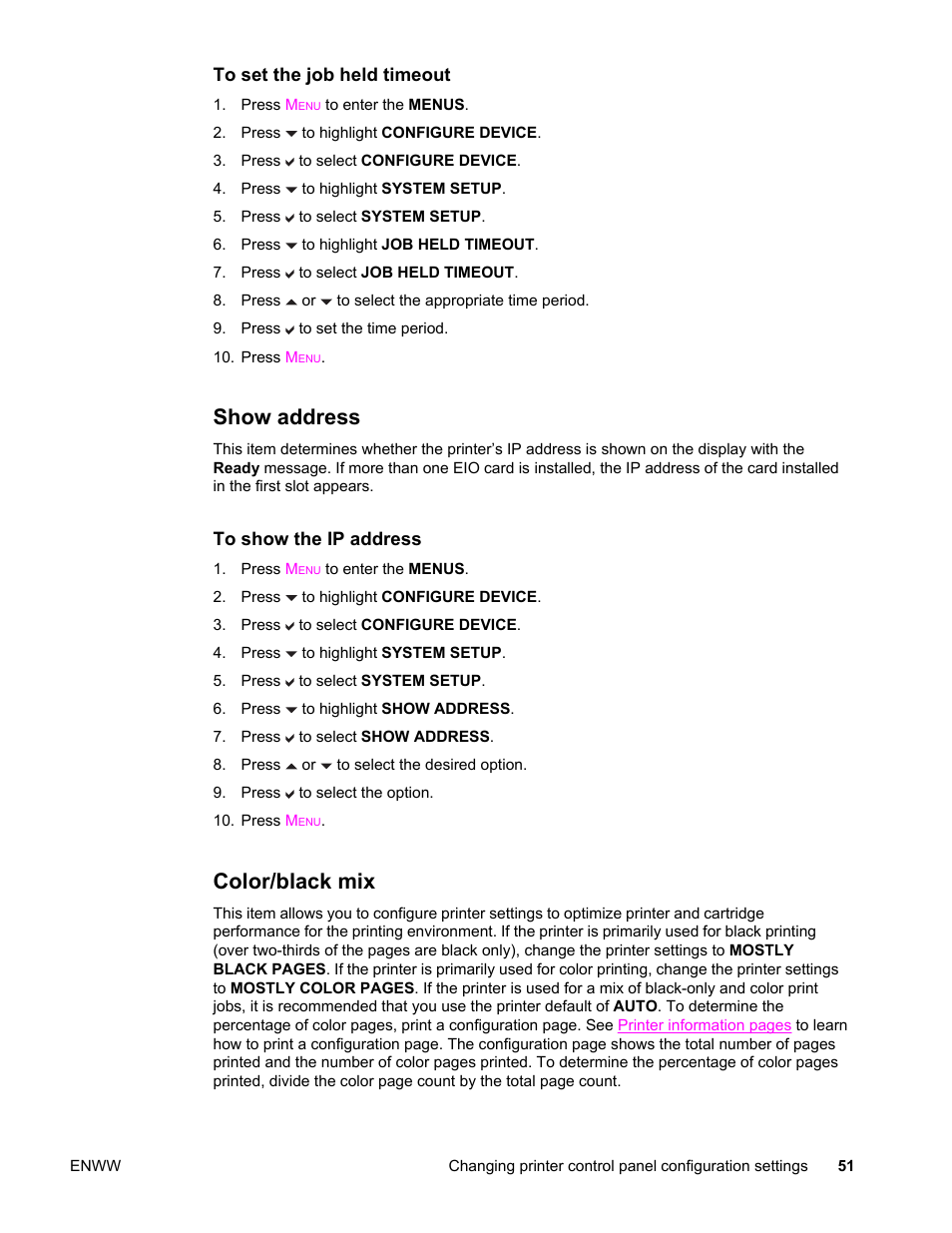 Show address, Color/black mix, Show address color/black mix | HP Color LaserJet 4650 Printer series User Manual | Page 65 / 276
