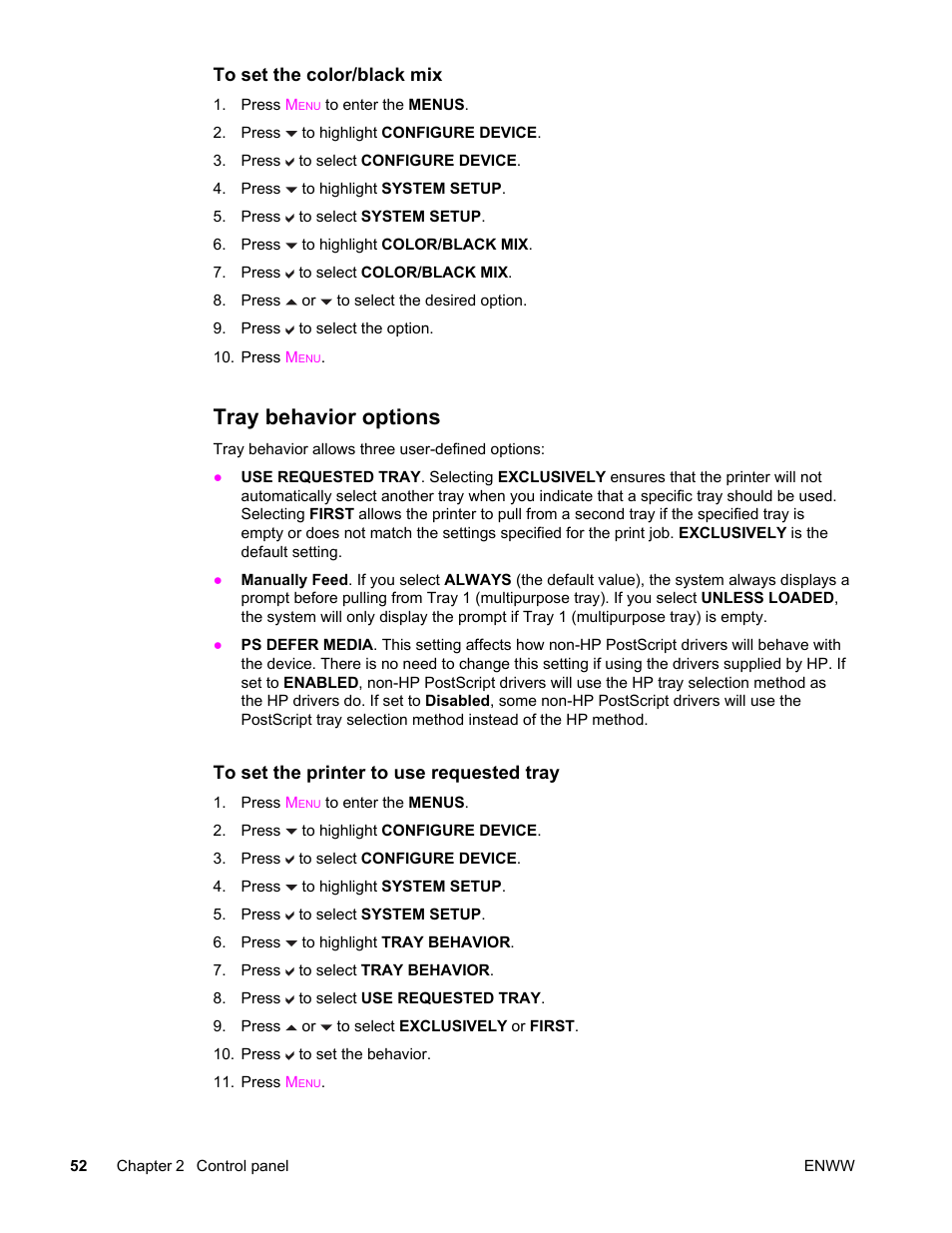 Tray behavior options | HP Color LaserJet 4650 Printer series User Manual | Page 66 / 276