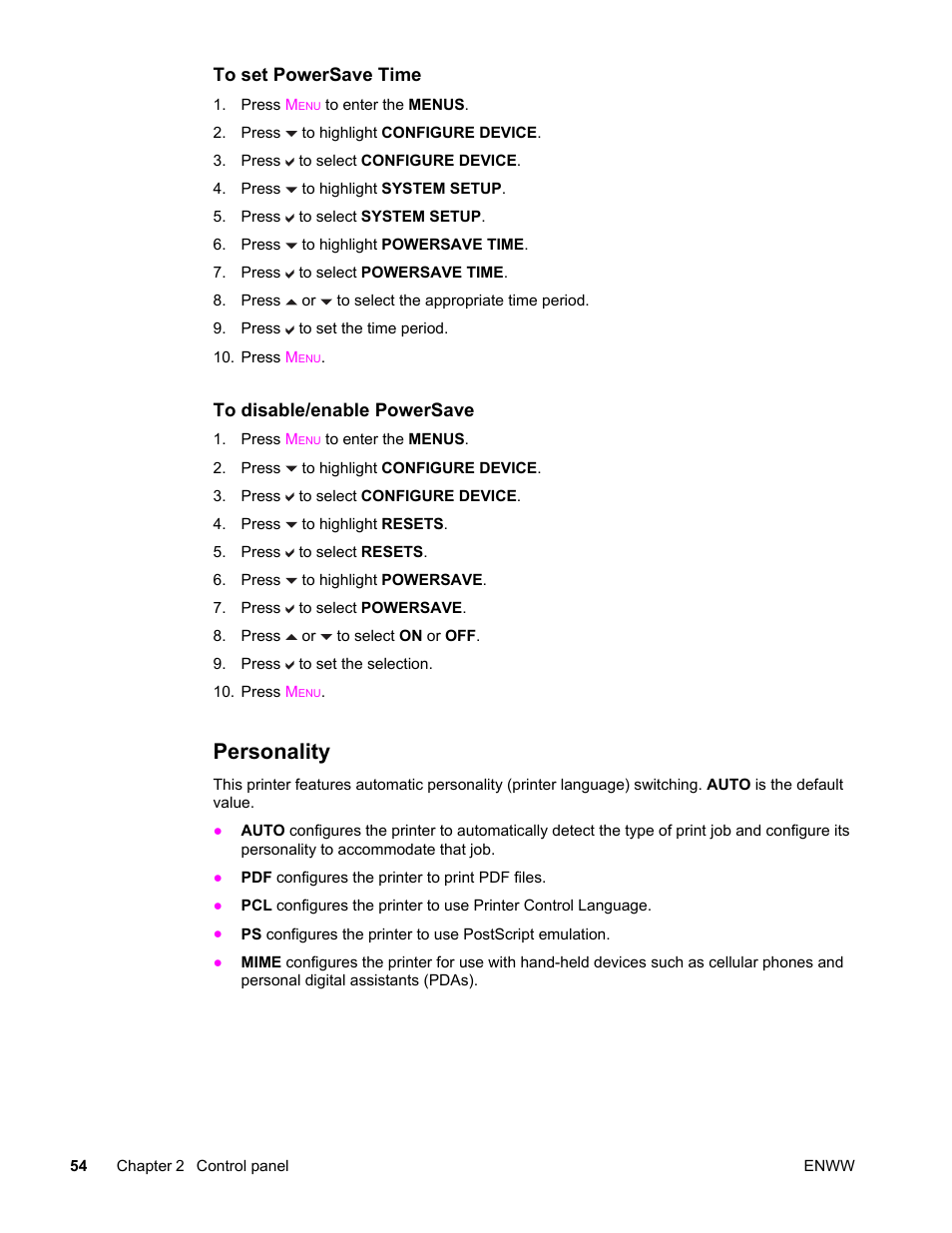 Personality | HP Color LaserJet 4650 Printer series User Manual | Page 68 / 276