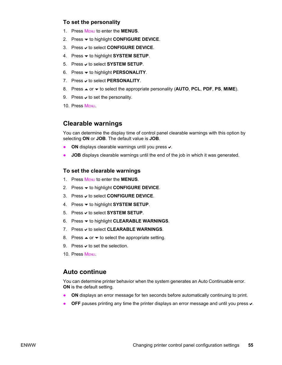 Clearable warnings, Auto continue, Clearable warnings auto continue | HP Color LaserJet 4650 Printer series User Manual | Page 69 / 276