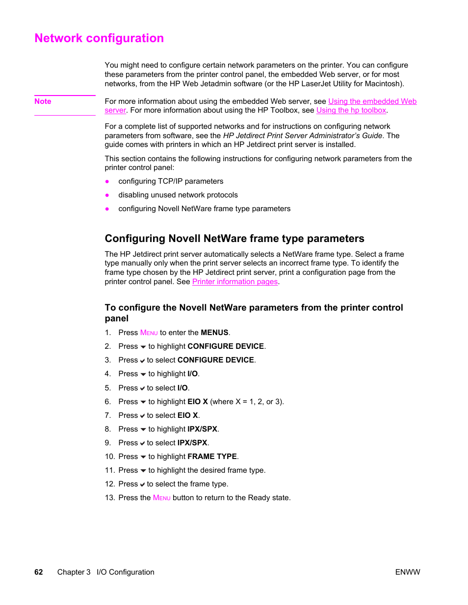 Network configuration, Configuring novell netware frame type parameters | HP Color LaserJet 4650 Printer series User Manual | Page 76 / 276