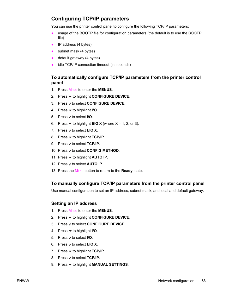 Configuring tcp/ip parameters | HP Color LaserJet 4650 Printer series User Manual | Page 77 / 276