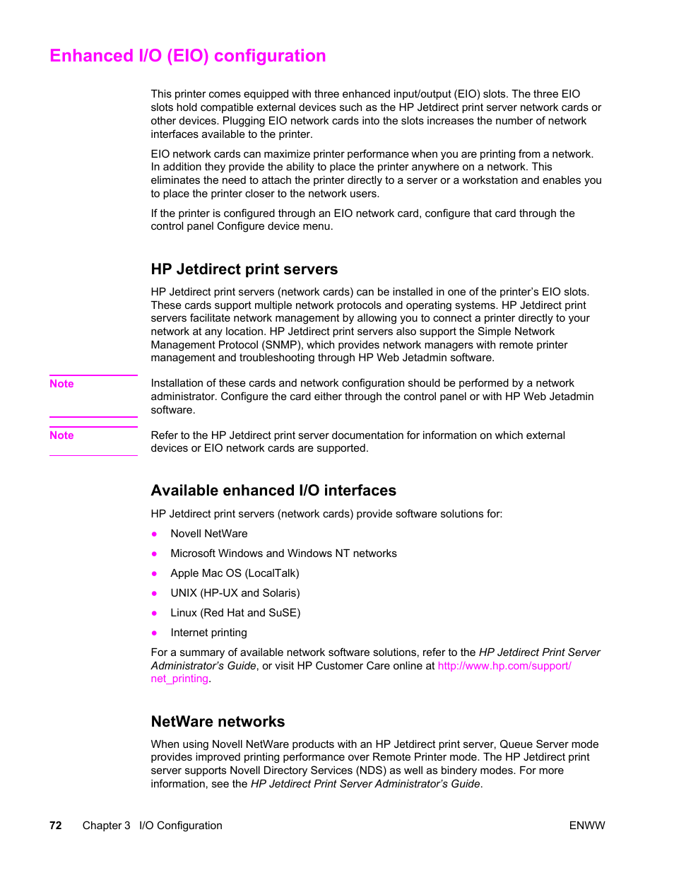 Enhanced i/o (eio) configuration, Hp jetdirect print servers, Available enhanced i/o interfaces | Netware networks | HP Color LaserJet 4650 Printer series User Manual | Page 86 / 276