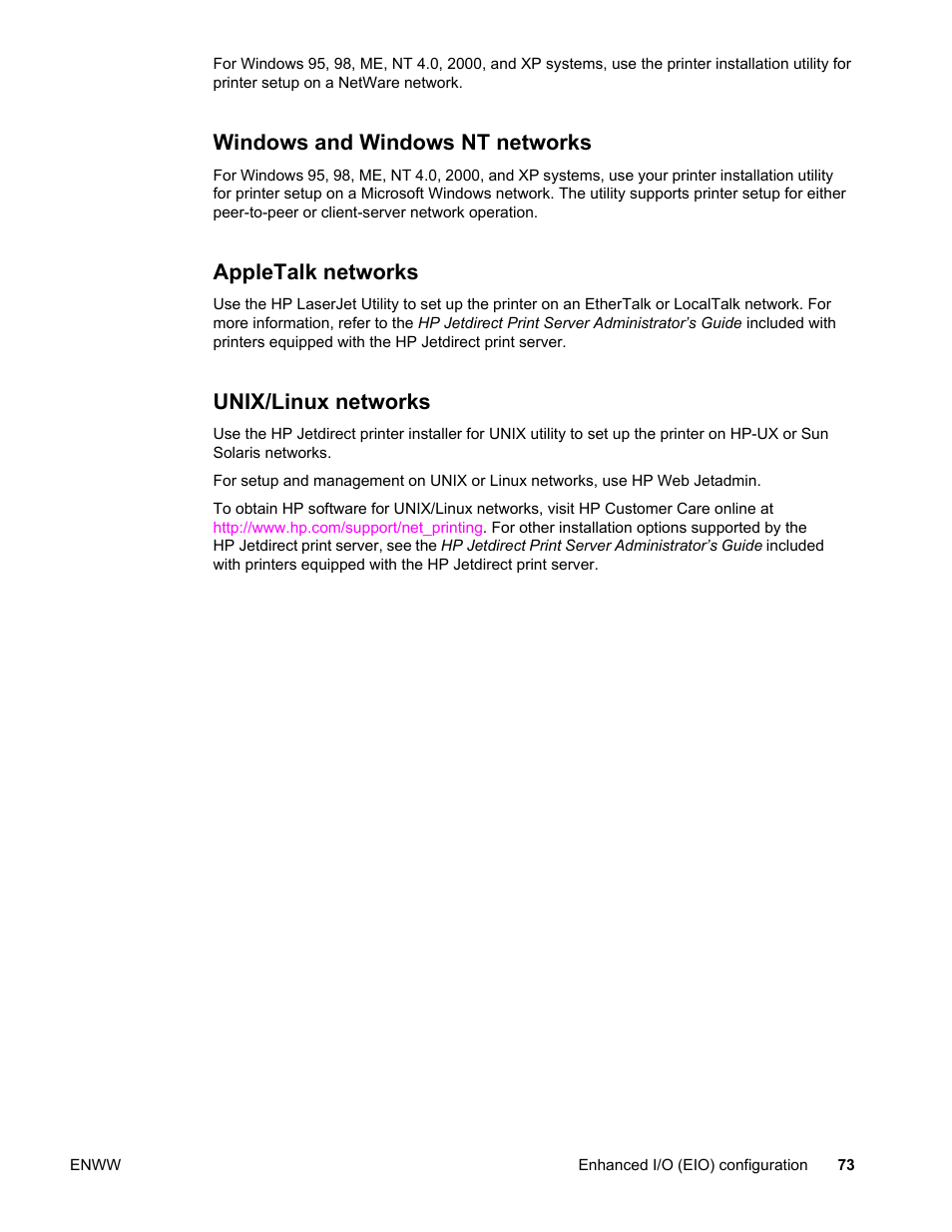 Windows and windows nt networks, Appletalk networks, Unix/linux networks | HP Color LaserJet 4650 Printer series User Manual | Page 87 / 276