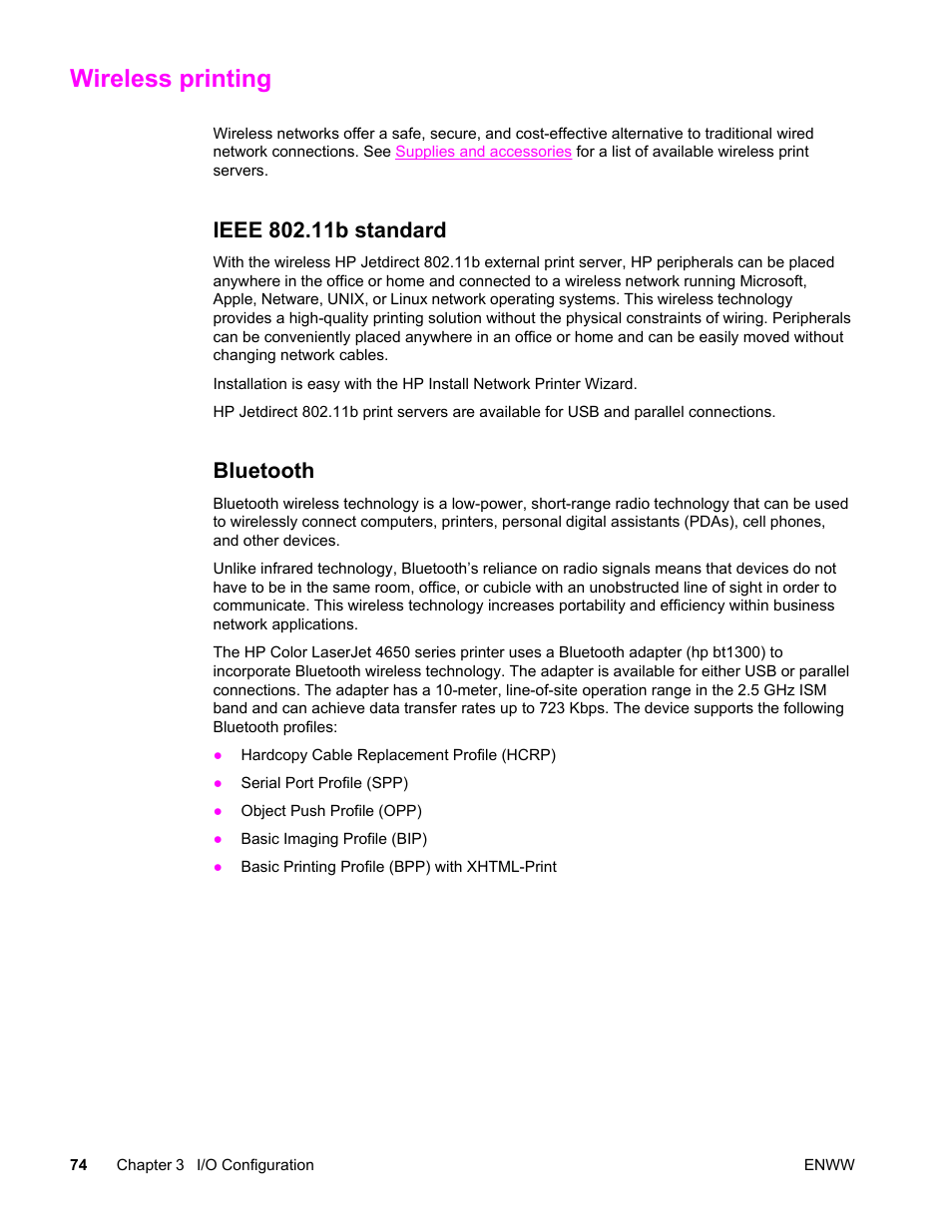 Wireless printing, Ieee 802.11b standard, Bluetooth | Ieee 802.11b standard bluetooth | HP Color LaserJet 4650 Printer series User Manual | Page 88 / 276