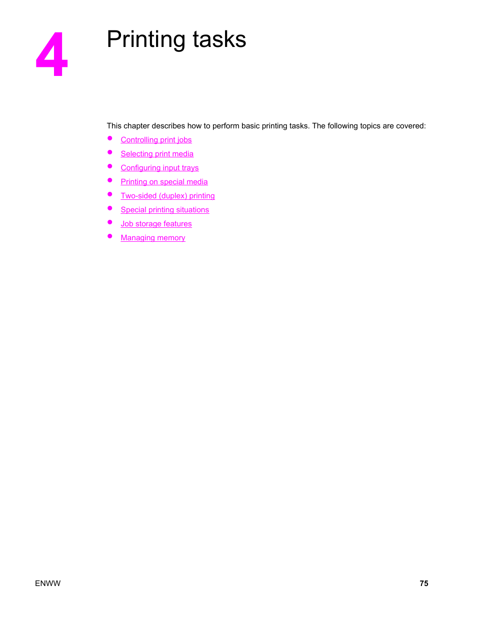 Printing tasks, 4 printing tasks | HP Color LaserJet 4650 Printer series User Manual | Page 89 / 276