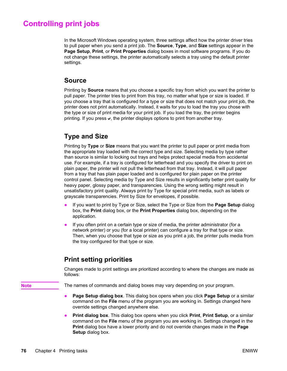 Controlling print jobs, Source, Type and size | Print setting priorities, Source type and size print setting priorities | HP Color LaserJet 4650 Printer series User Manual | Page 90 / 276