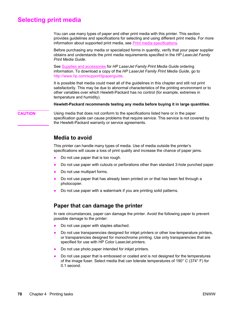 Selecting print media, Media to avoid, Paper that can damage the printer | Media to avoid paper that can damage the printer | HP Color LaserJet 4650 Printer series User Manual | Page 92 / 276
