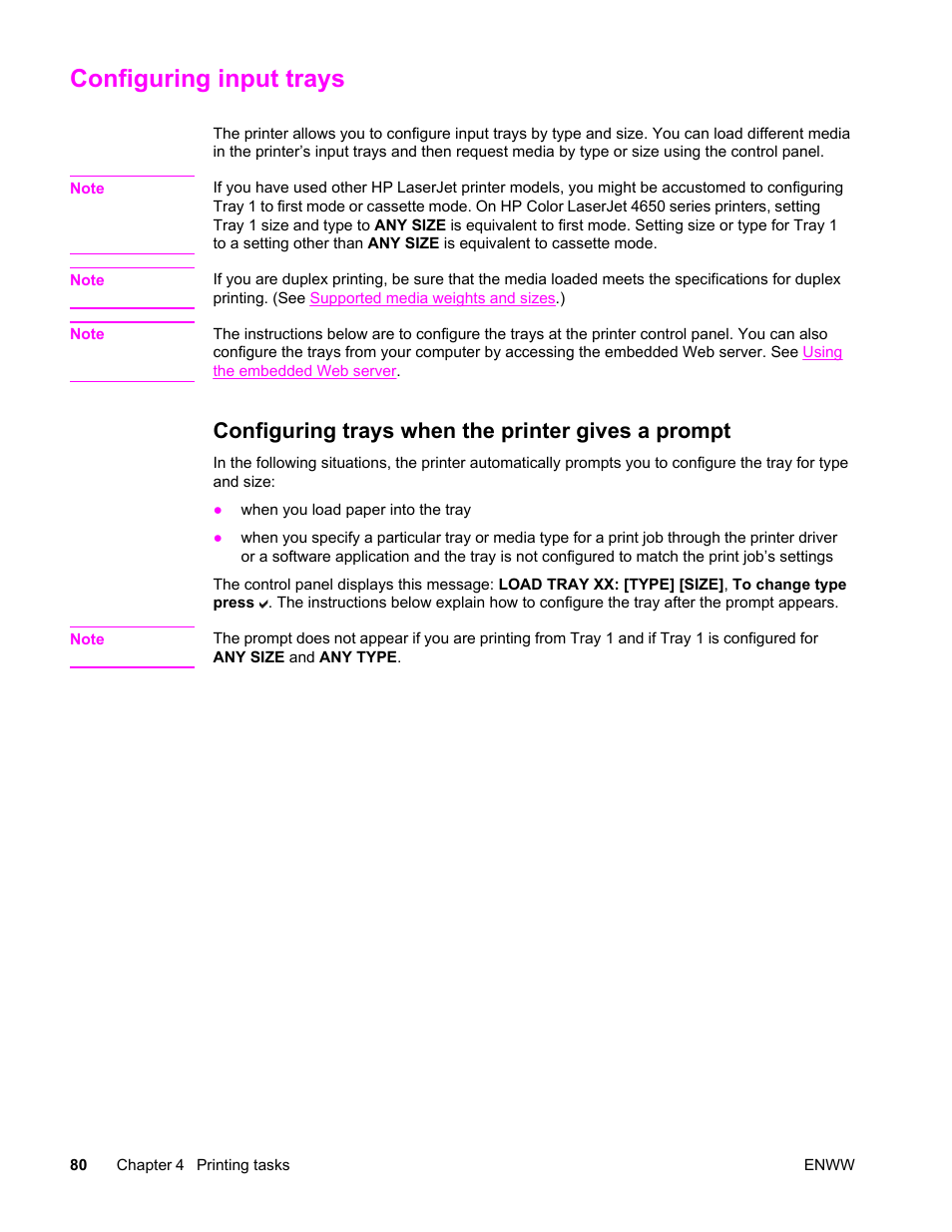 Configuring input trays, Configuring trays when the printer gives a prompt | HP Color LaserJet 4650 Printer series User Manual | Page 94 / 276
