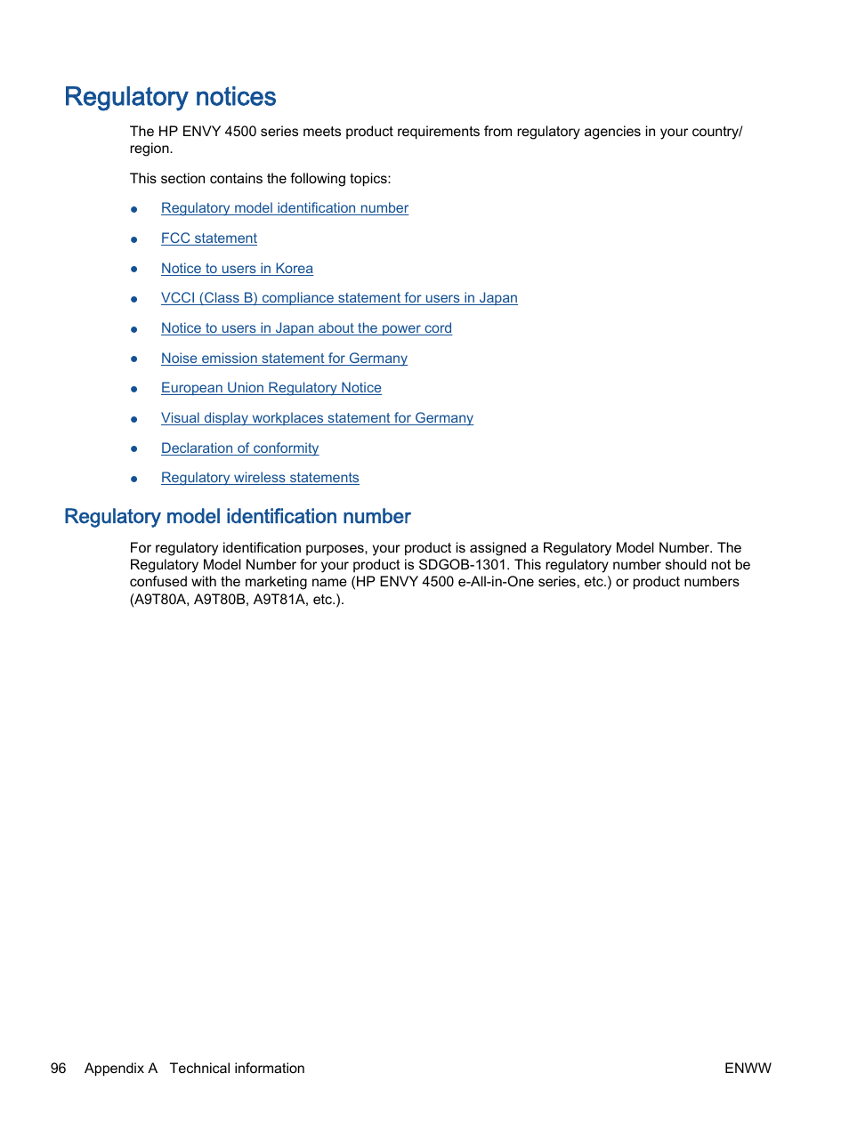 Regulatory notices, Regulatory model identification number | HP ENVY 4501 e-All-in-One Printer User Manual | Page 100 / 108