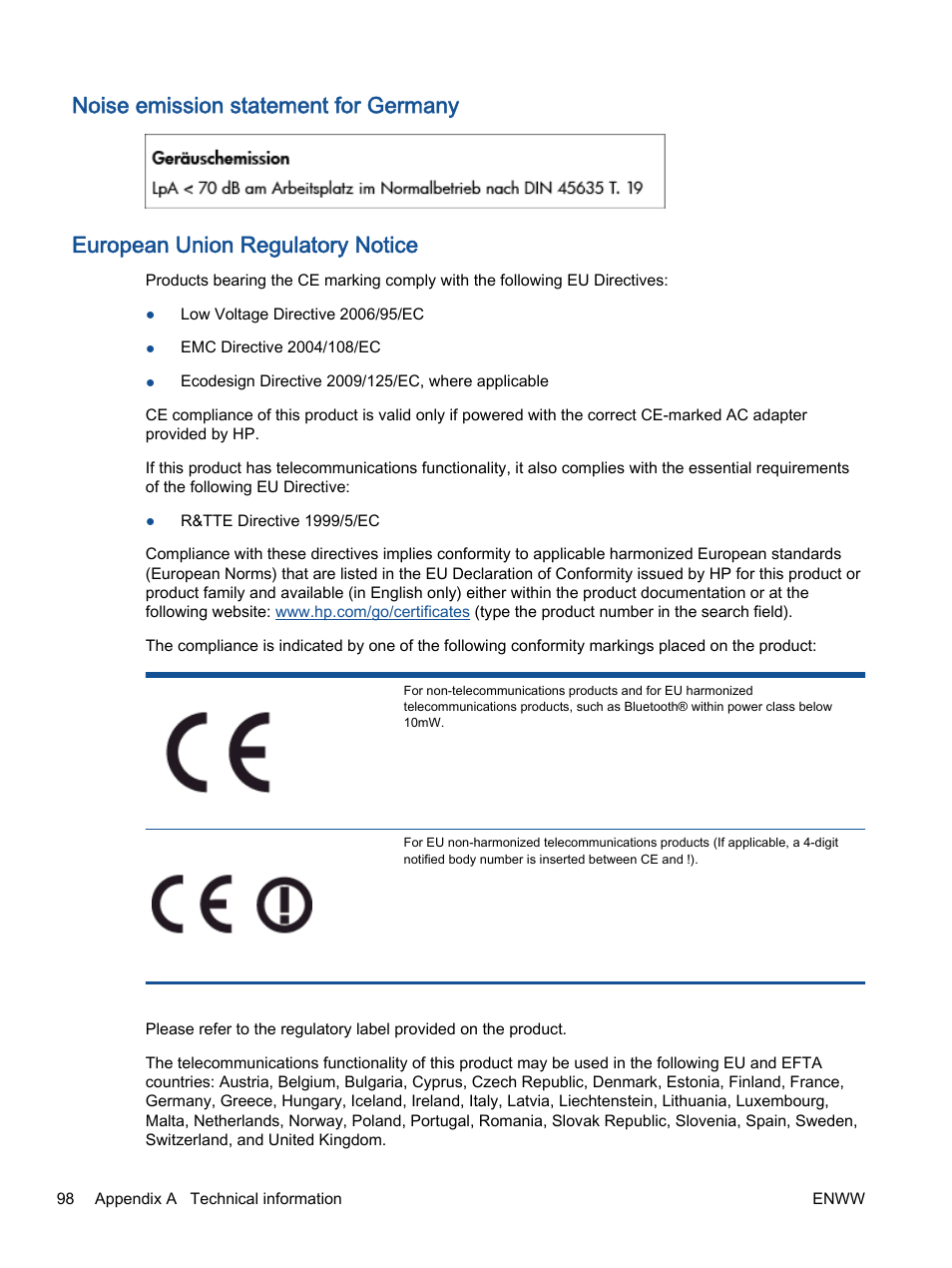 Noise emission statement for germany, European union regulatory notice | HP ENVY 4501 e-All-in-One Printer User Manual | Page 102 / 108