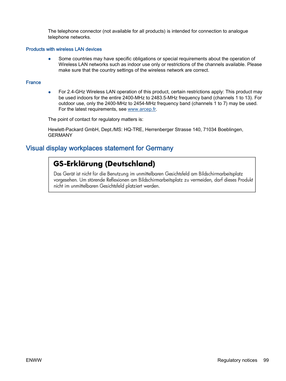 Visual display workplaces statement for germany | HP ENVY 4501 e-All-in-One Printer User Manual | Page 103 / 108