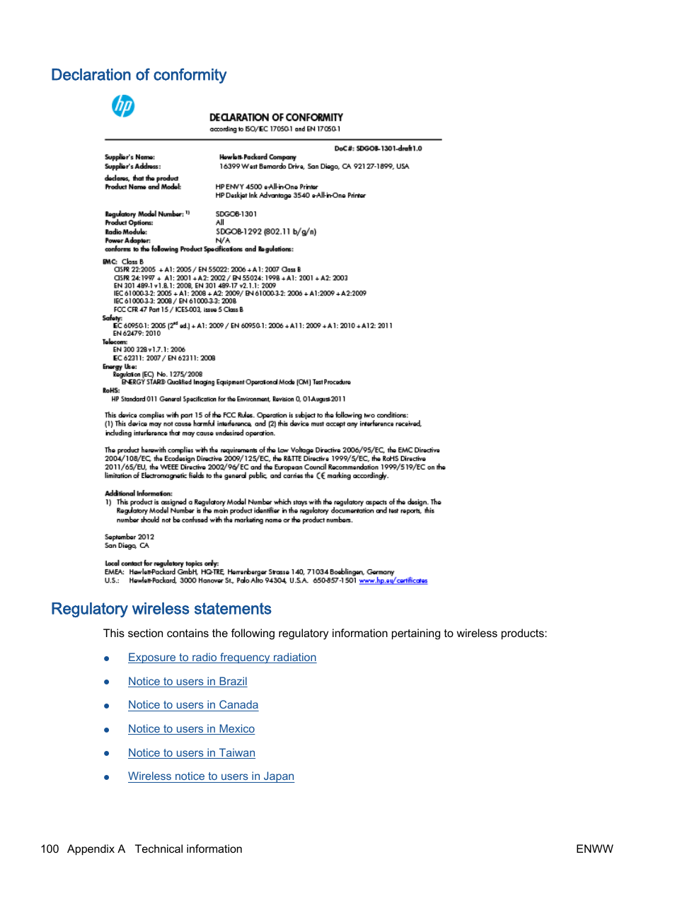 Declaration of conformity, Regulatory wireless statements | HP ENVY 4501 e-All-in-One Printer User Manual | Page 104 / 108