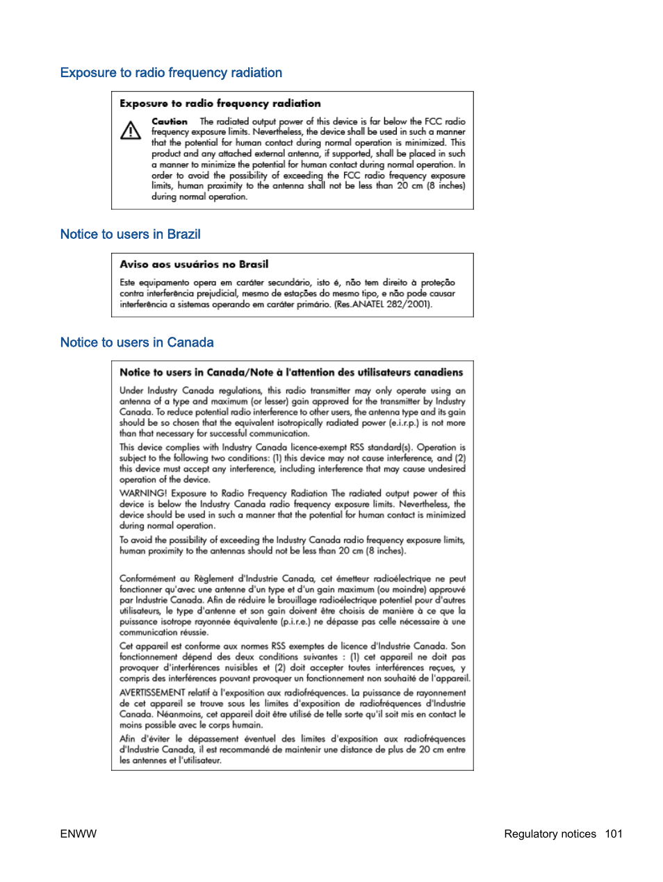 Exposure to radio frequency radiation, Notice to users in brazil, Notice to users in canada | HP ENVY 4501 e-All-in-One Printer User Manual | Page 105 / 108