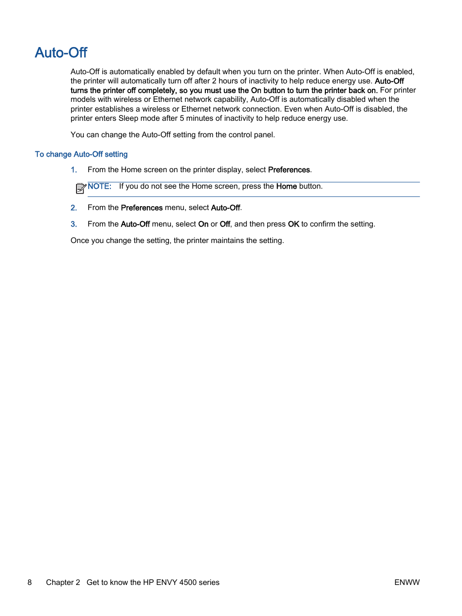 Auto-off | HP ENVY 4501 e-All-in-One Printer User Manual | Page 12 / 108