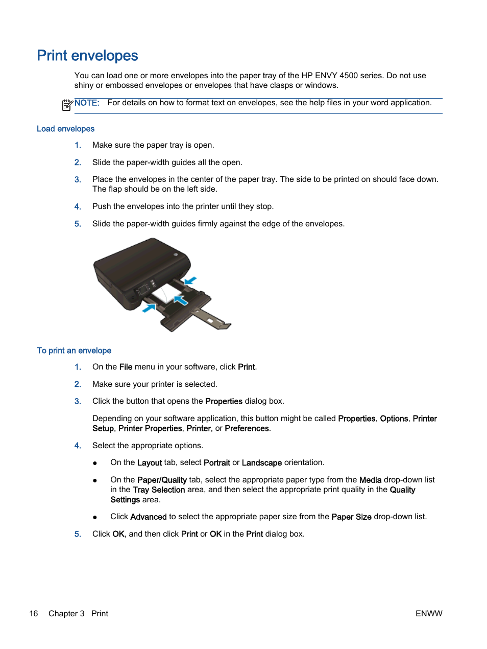 Print envelopes | HP ENVY 4501 e-All-in-One Printer User Manual | Page 20 / 108