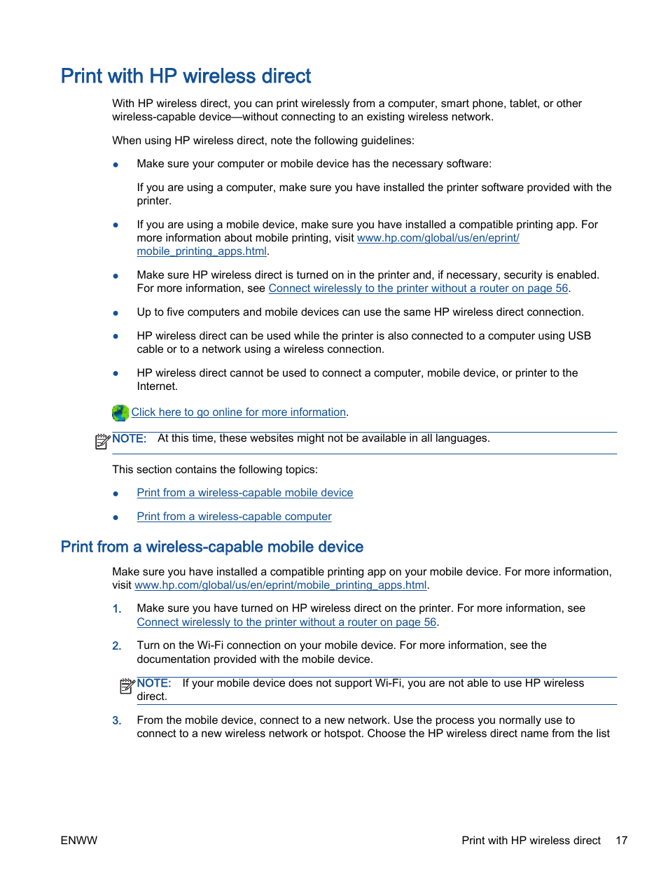 Print with hp wireless direct, Print from a wireless-capable mobile device | HP ENVY 4501 e-All-in-One Printer User Manual | Page 21 / 108