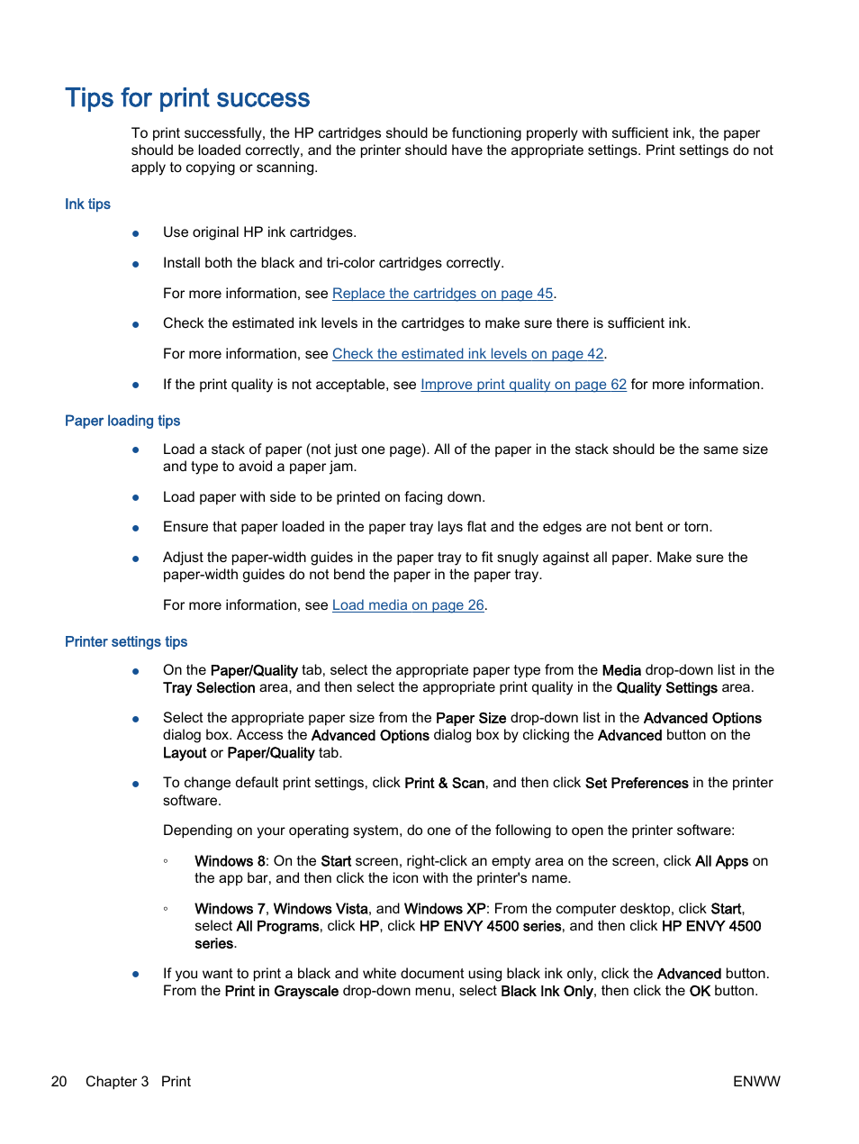 Tips for print success | HP ENVY 4501 e-All-in-One Printer User Manual | Page 24 / 108