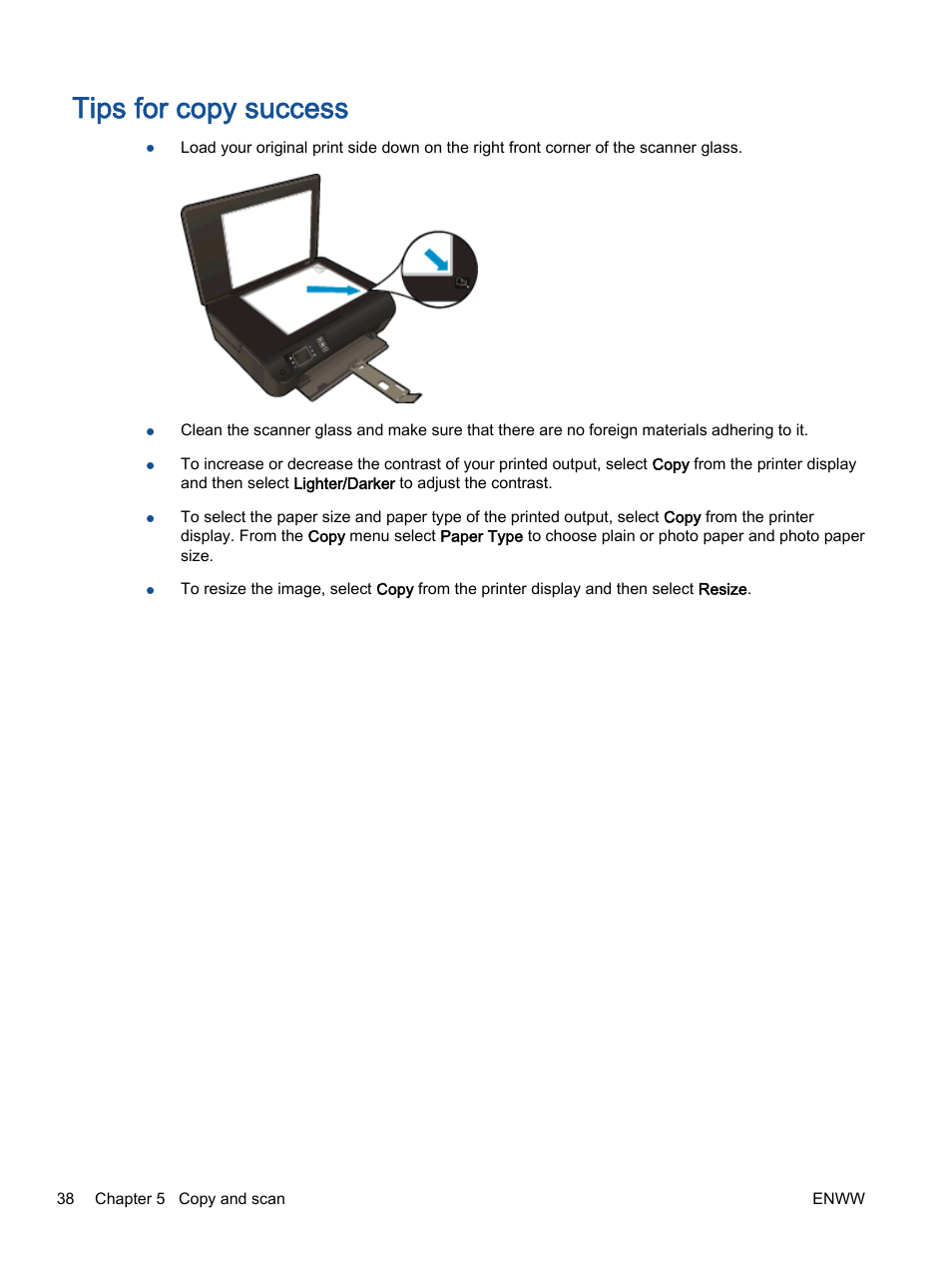 Tips for copy success | HP ENVY 4501 e-All-in-One Printer User Manual | Page 42 / 108