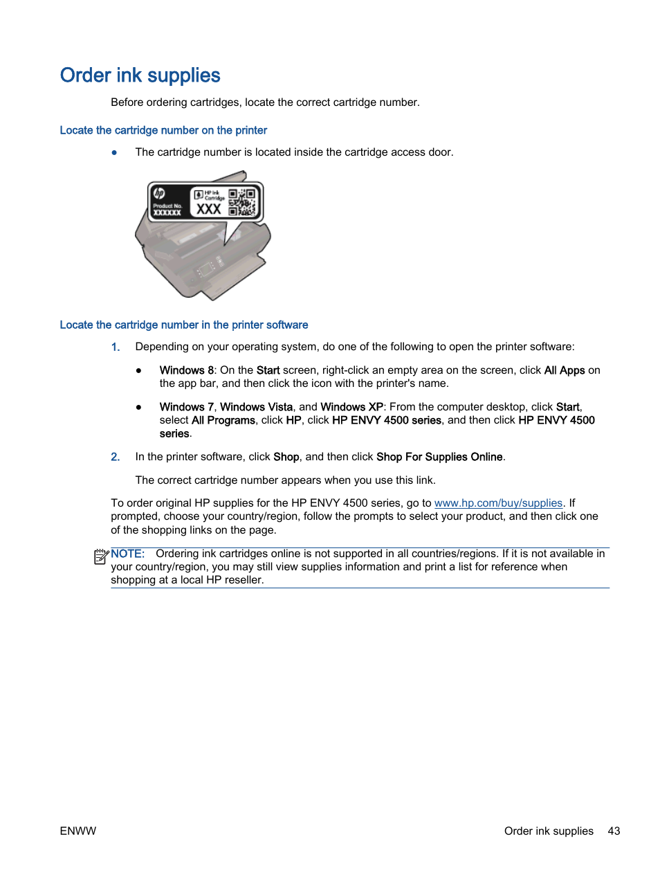 Order ink supplies | HP ENVY 4501 e-All-in-One Printer User Manual | Page 47 / 108