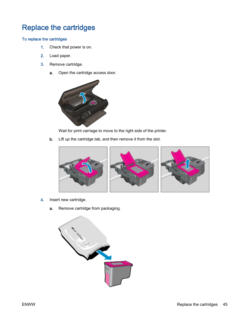 Replace the cartridges | HP ENVY 4501 e-All-in-One Printer User Manual | Page 49 / 108