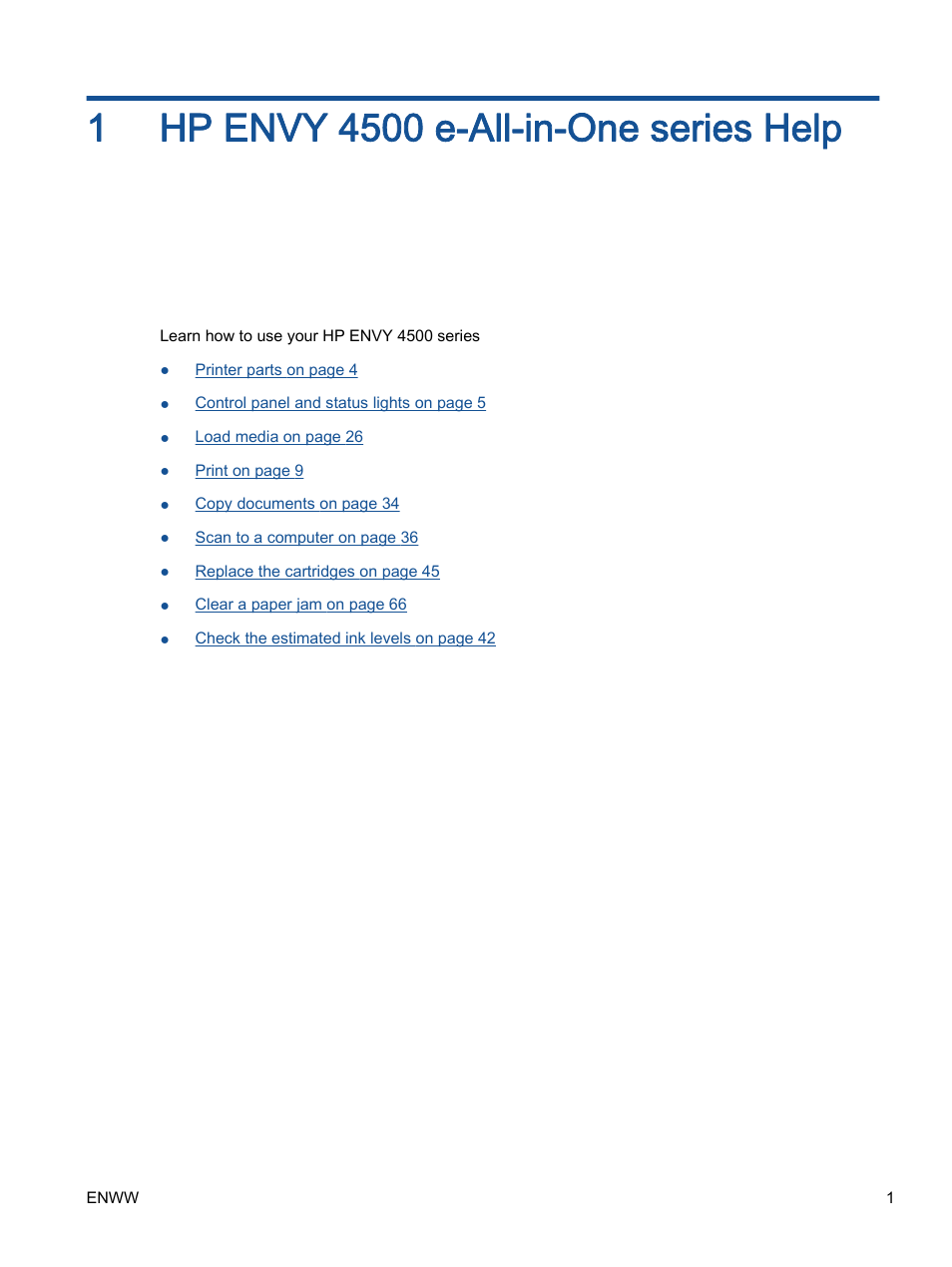 Hp envy 4500 e-all-in-one series help, 1 hp envy 4500 e-all-in-one series help | HP ENVY 4501 e-All-in-One Printer User Manual | Page 5 / 108