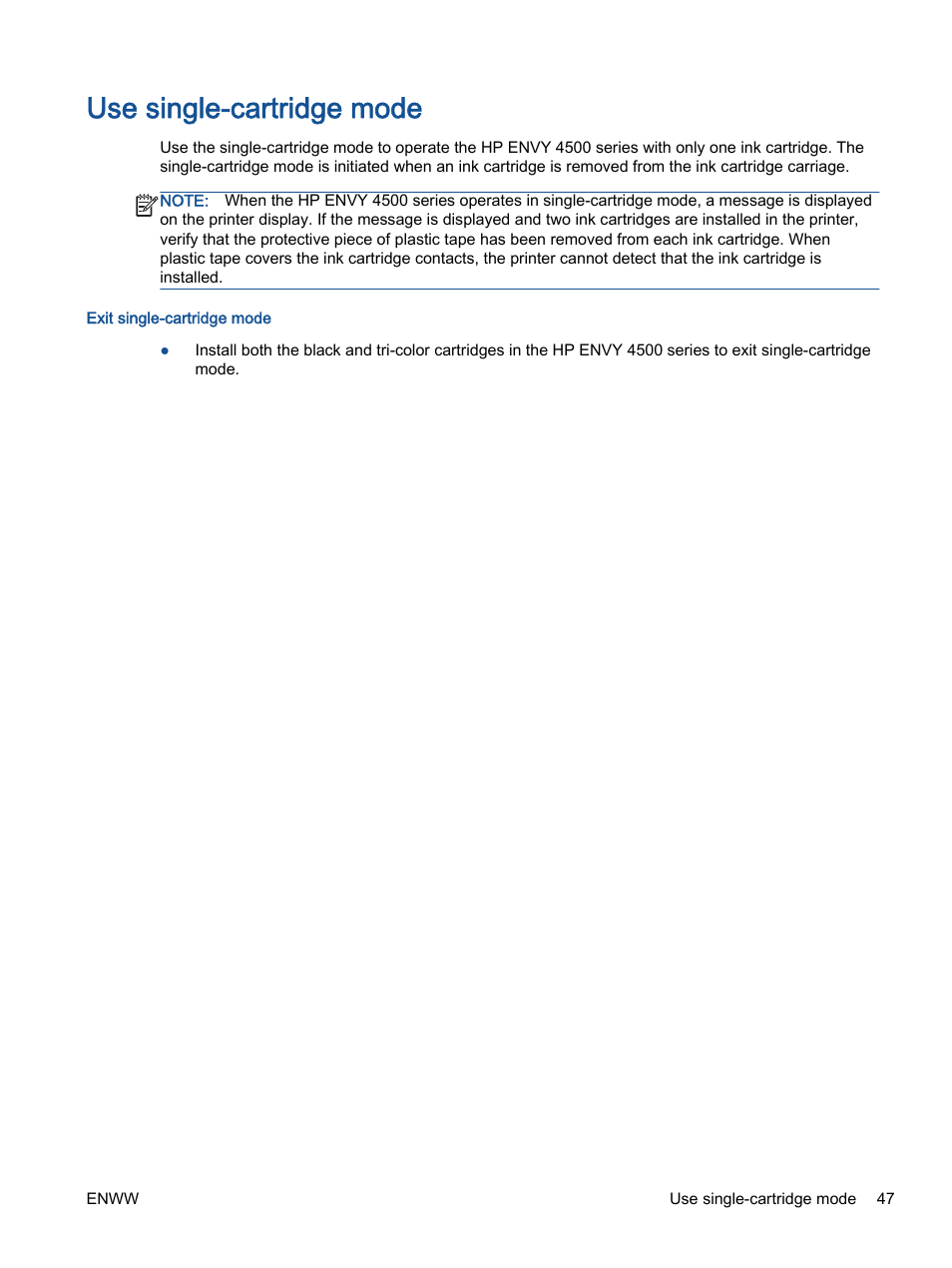 Use single-cartridge mode | HP ENVY 4501 e-All-in-One Printer User Manual | Page 51 / 108