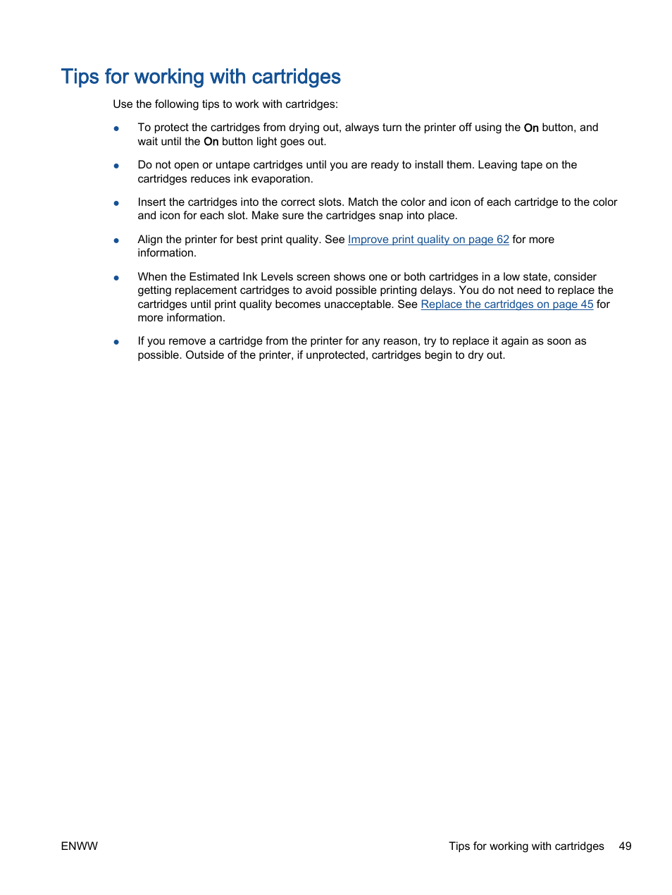 Tips for working with cartridges | HP ENVY 4501 e-All-in-One Printer User Manual | Page 53 / 108