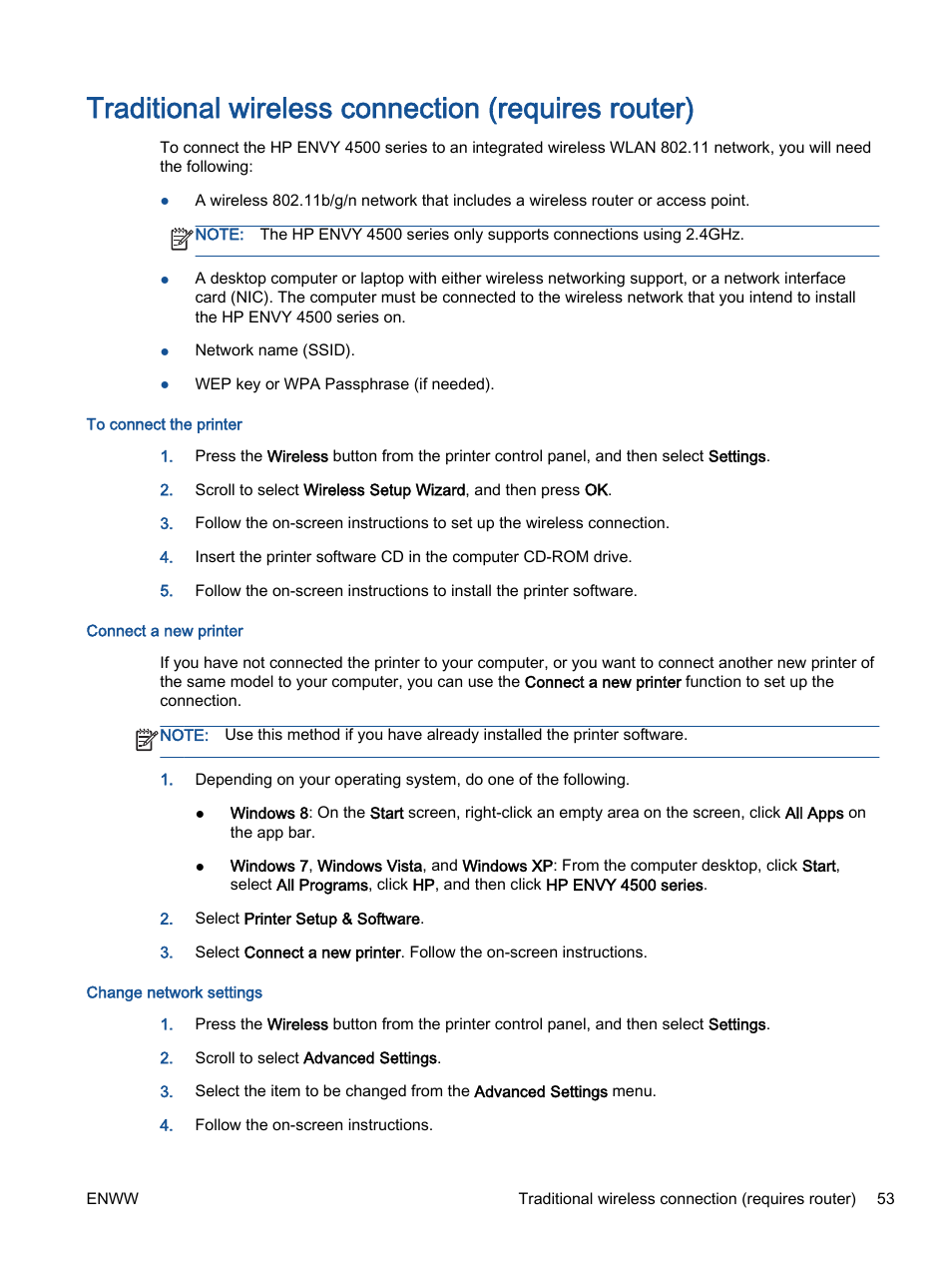 Traditional wireless connection (requires router) | HP ENVY 4501 e-All-in-One Printer User Manual | Page 57 / 108
