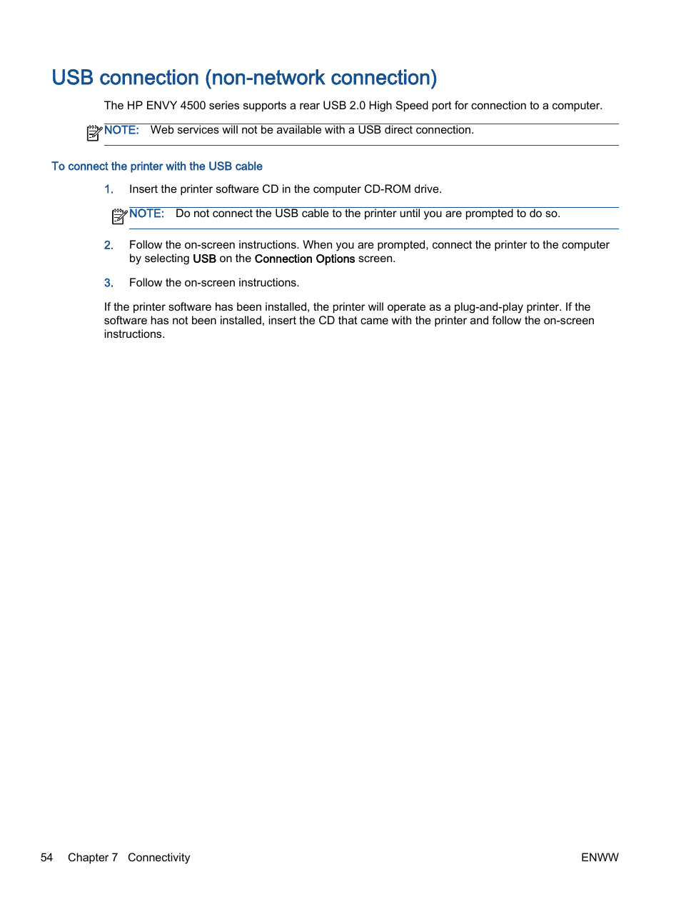 Usb connection (non-network connection) | HP ENVY 4501 e-All-in-One Printer User Manual | Page 58 / 108