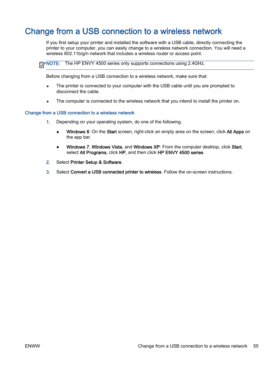 Change from a usb connection to a wireless network | HP ENVY 4501 e-All-in-One Printer User Manual | Page 59 / 108