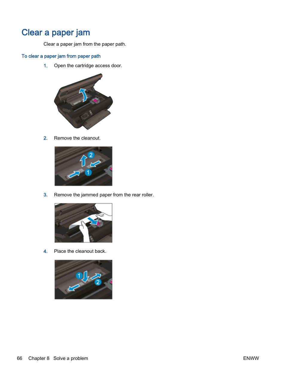 Clear a paper jam | HP ENVY 4501 e-All-in-One Printer User Manual | Page 70 / 108