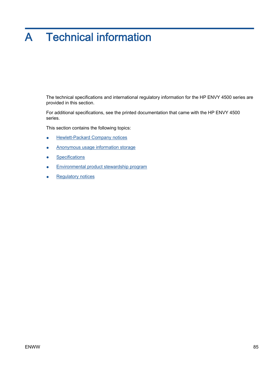 Technical information, Appendix a technical information, A technical information | HP ENVY 4501 e-All-in-One Printer User Manual | Page 89 / 108