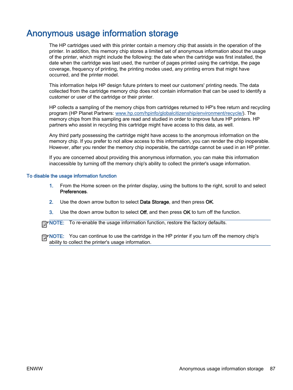 Anonymous usage information storage | HP ENVY 4501 e-All-in-One Printer User Manual | Page 91 / 108