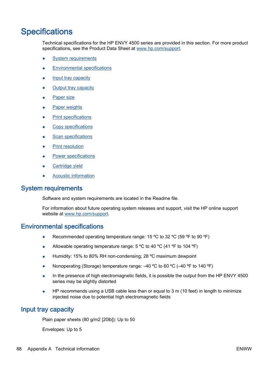 Specifications, System requirements, Environmental specifications | Input tray capacity | HP ENVY 4501 e-All-in-One Printer User Manual | Page 92 / 108
