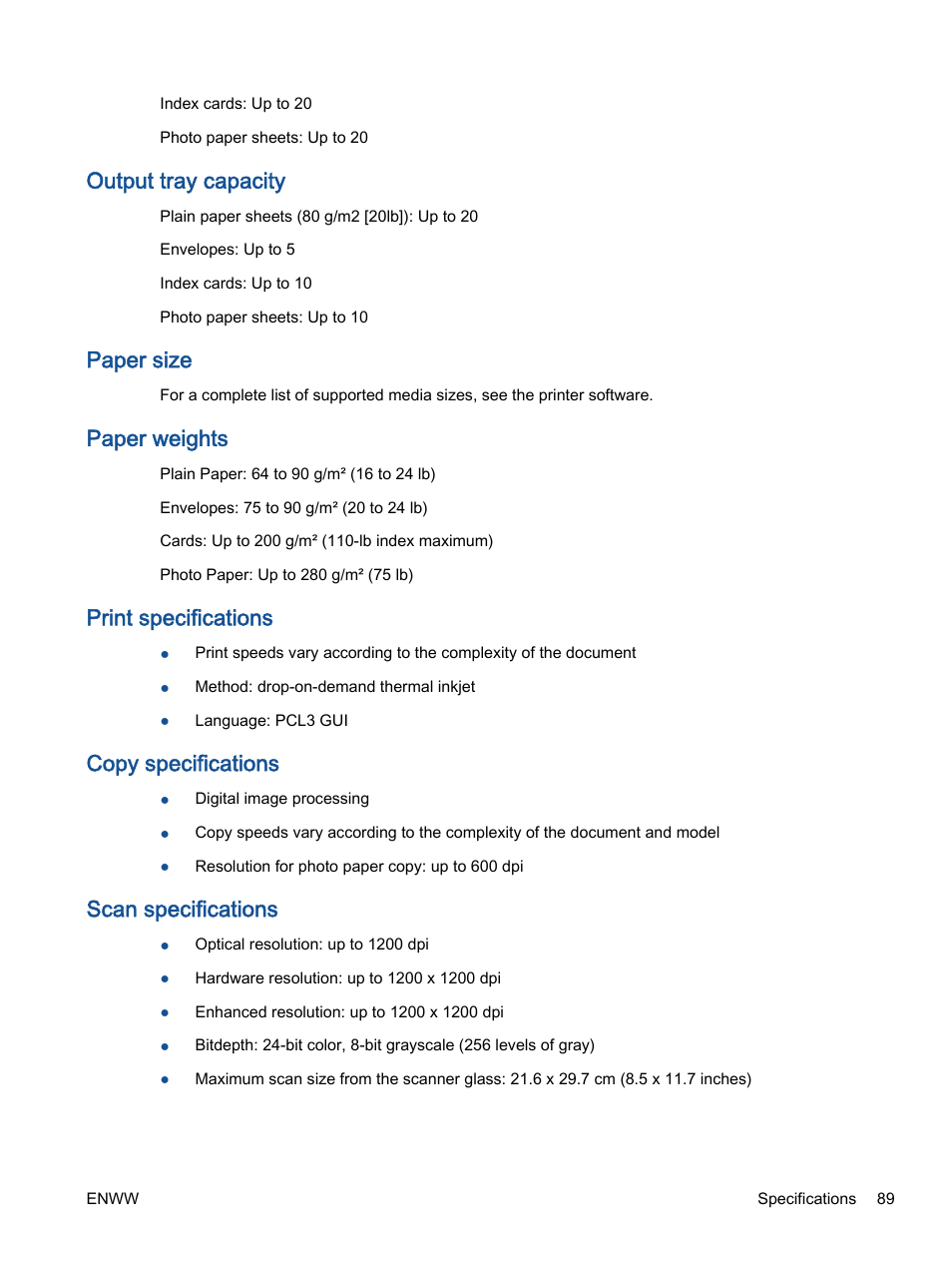 Output tray capacity, Paper size, Paper weights | Print specifications, Copy specifications, Scan specifications | HP ENVY 4501 e-All-in-One Printer User Manual | Page 93 / 108