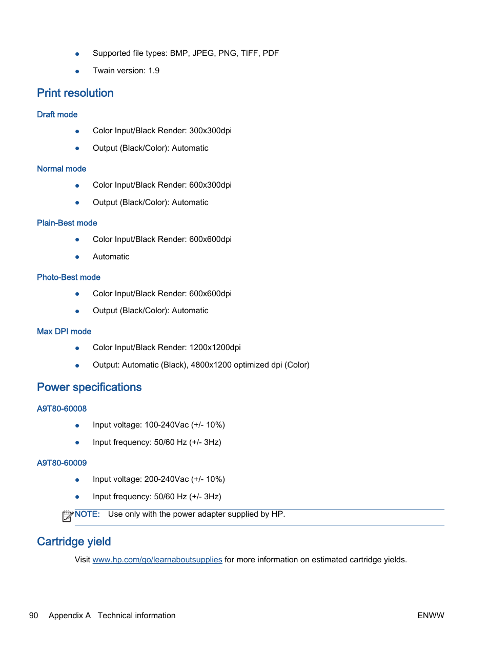 Print resolution, Power specifications, Cartridge yield | HP ENVY 4501 e-All-in-One Printer User Manual | Page 94 / 108