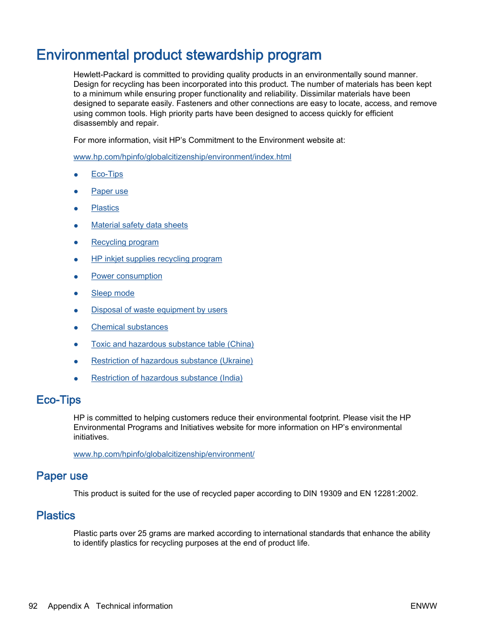 Environmental product stewardship program, Eco-tips, Paper use | Plastics | HP ENVY 4501 e-All-in-One Printer User Manual | Page 96 / 108