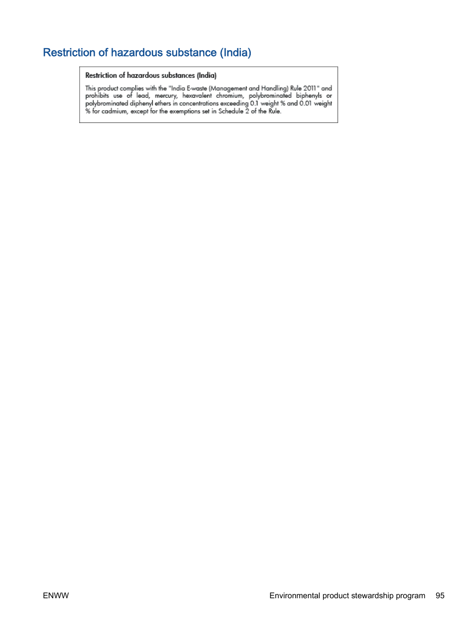 Restriction of hazardous substance (india) | HP ENVY 4501 e-All-in-One Printer User Manual | Page 99 / 108