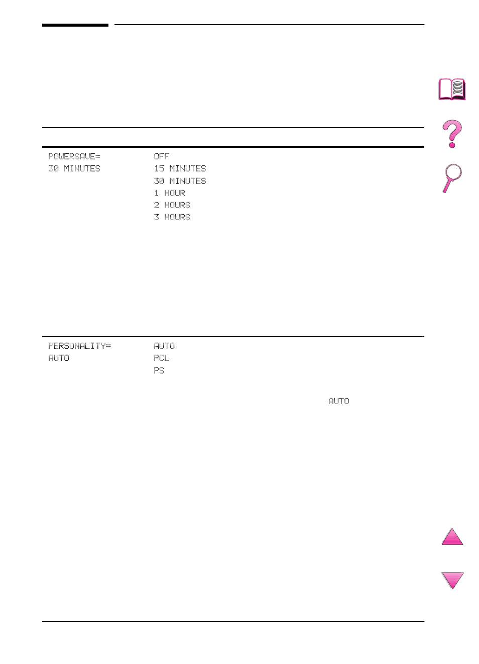 Configuration menu, Personality | HP LaserJet 4050 Printer series User Manual | Page 214 / 260