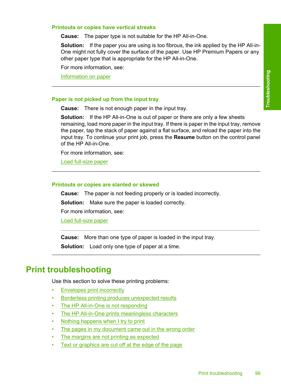 Print troubleshooting, Printouts or copies have vertical streaks, Paper is not picked up from the input tray | Printouts or copies are slanted or skewed | HP Deskjet F4185 All-in-One Printer User Manual | Page 101 / 140
