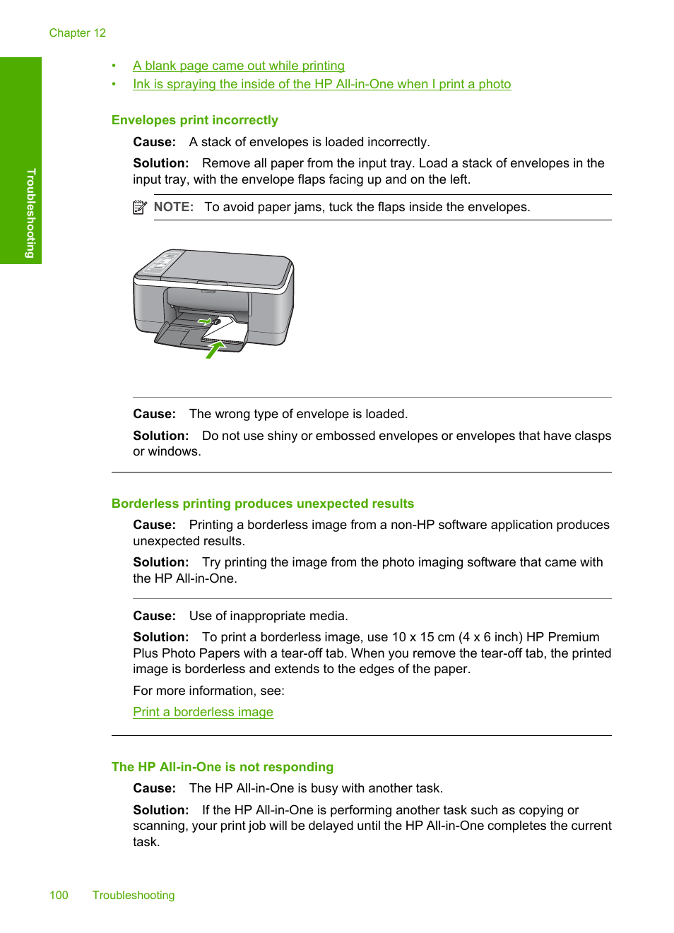 Envelopes print incorrectly, Borderless printing produces unexpected results, The hp all-in-one is not responding | HP Deskjet F4185 All-in-One Printer User Manual | Page 102 / 140