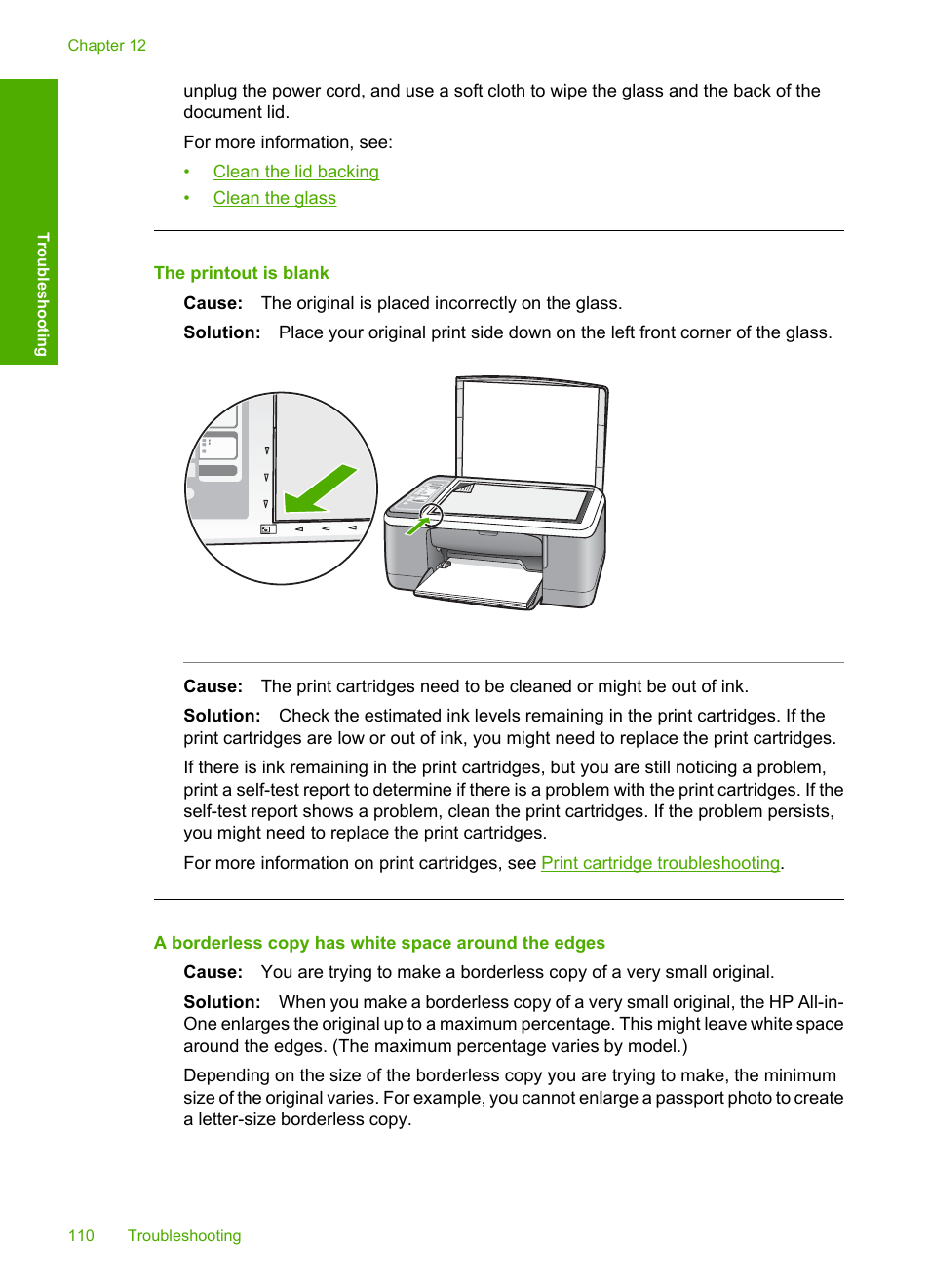 The printout is blank, A borderless copy has white space around the edges | HP Deskjet F4185 All-in-One Printer User Manual | Page 112 / 140