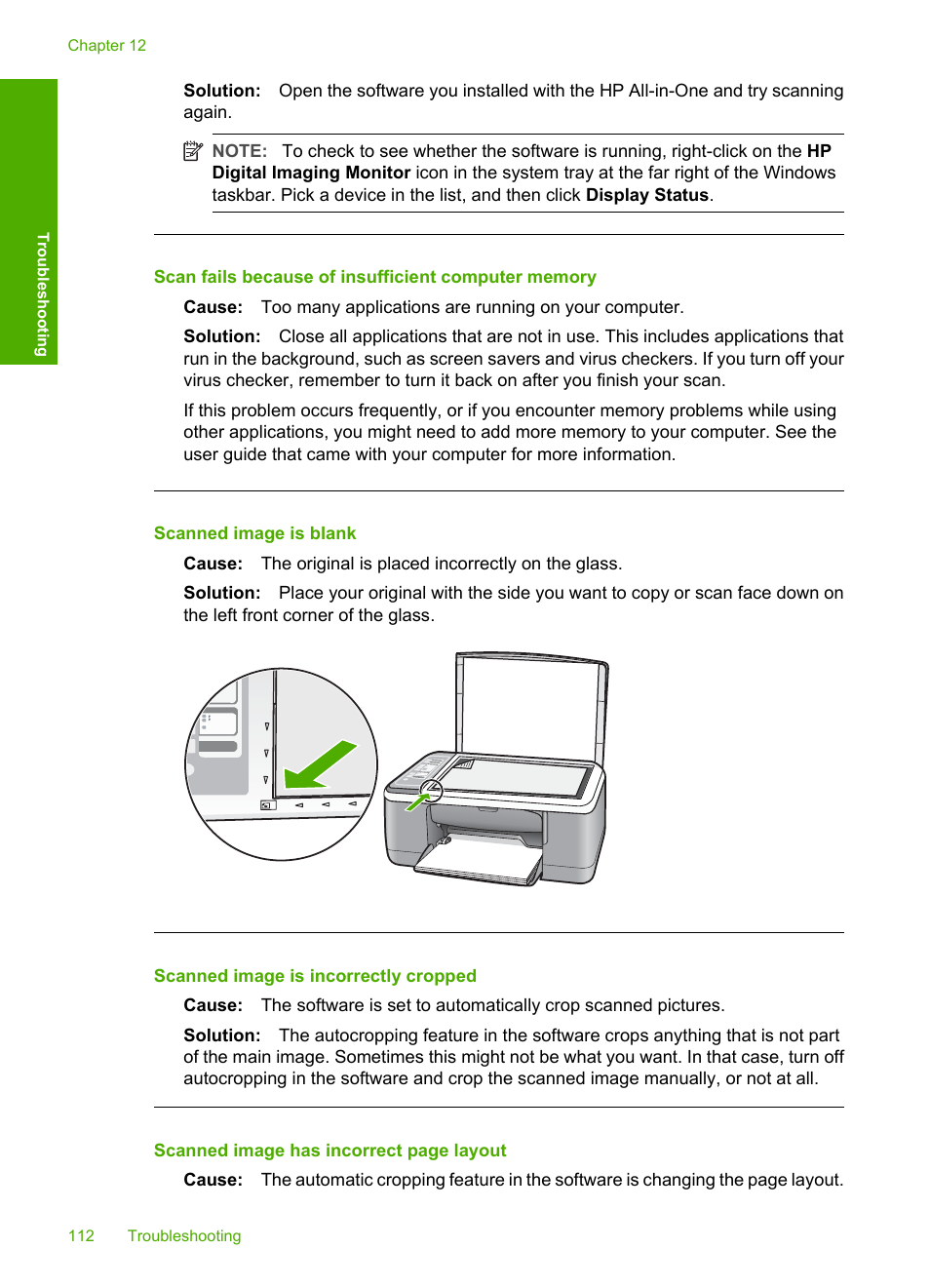 Scan fails because of insufficient computer memory, Scanned image is blank, Scanned image is incorrectly cropped | HP Deskjet F4185 All-in-One Printer User Manual | Page 114 / 140