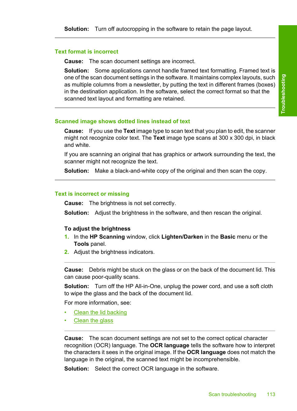Text format is incorrect, Scanned image shows dotted lines instead of text, Text is incorrect or missing | HP Deskjet F4185 All-in-One Printer User Manual | Page 115 / 140
