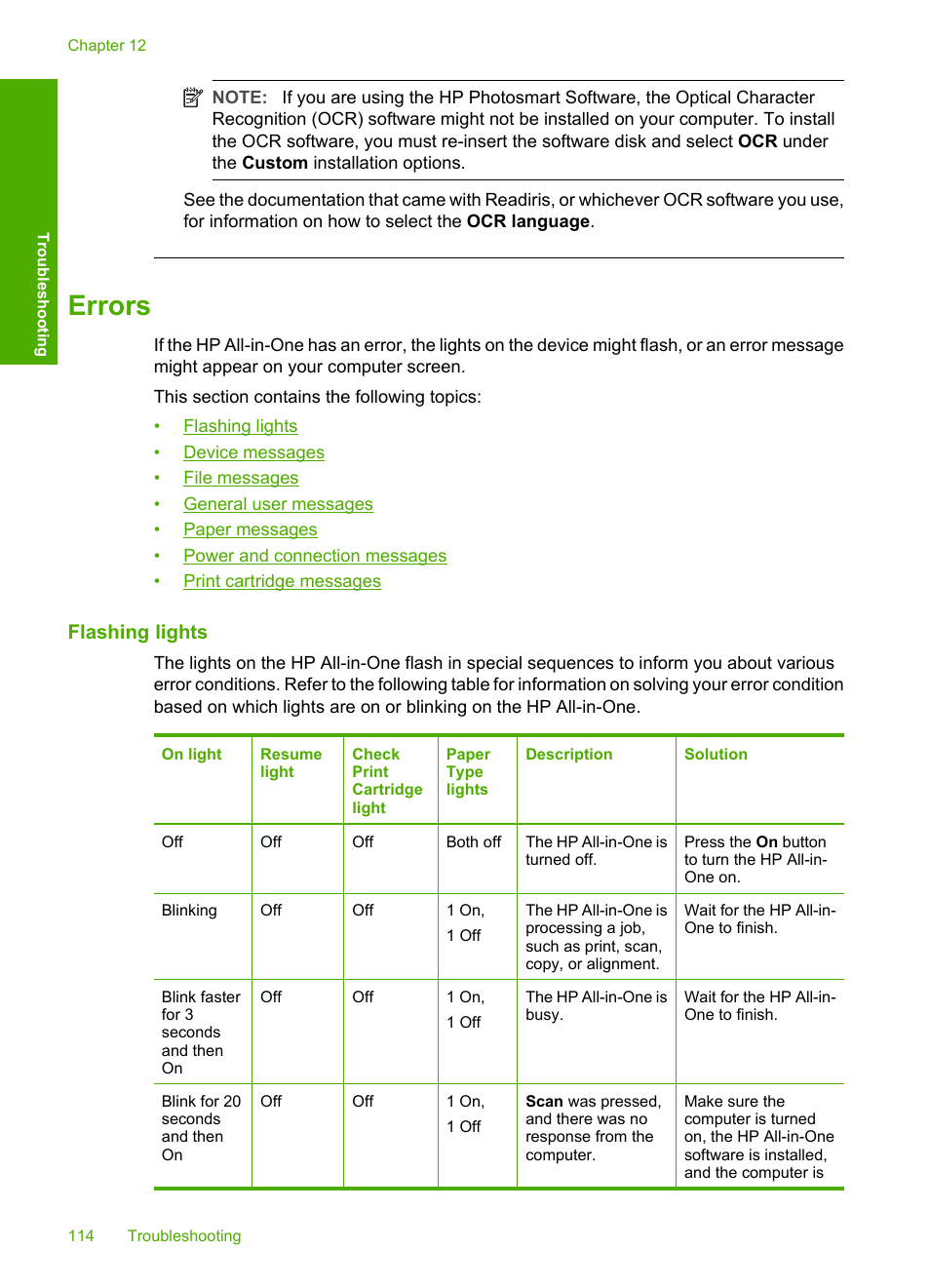 Errors, Flashing lights, Flashing lights device messages file messages | Supported file types for the hp all-in-one | HP Deskjet F4185 All-in-One Printer User Manual | Page 116 / 140