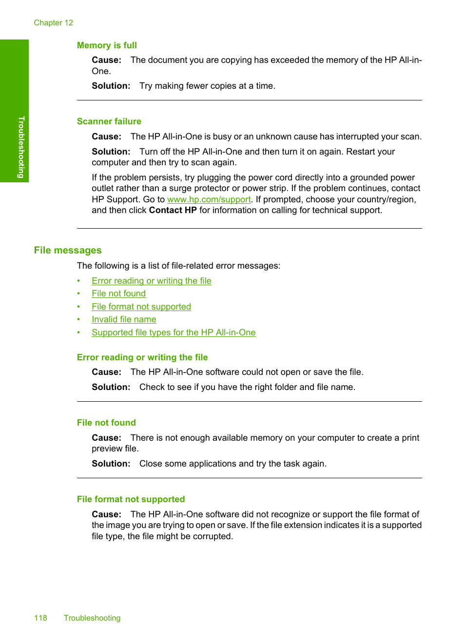 File messages, Memory is full, Scanner failure | HP Deskjet F4185 All-in-One Printer User Manual | Page 120 / 140